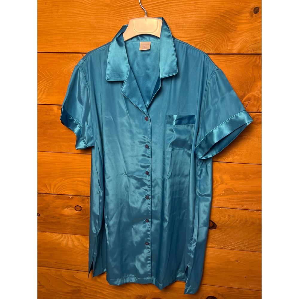 Cabernet Sleepwear Turquoise Teal Satin Button Down Pajama Nightshirt LG Lightwt